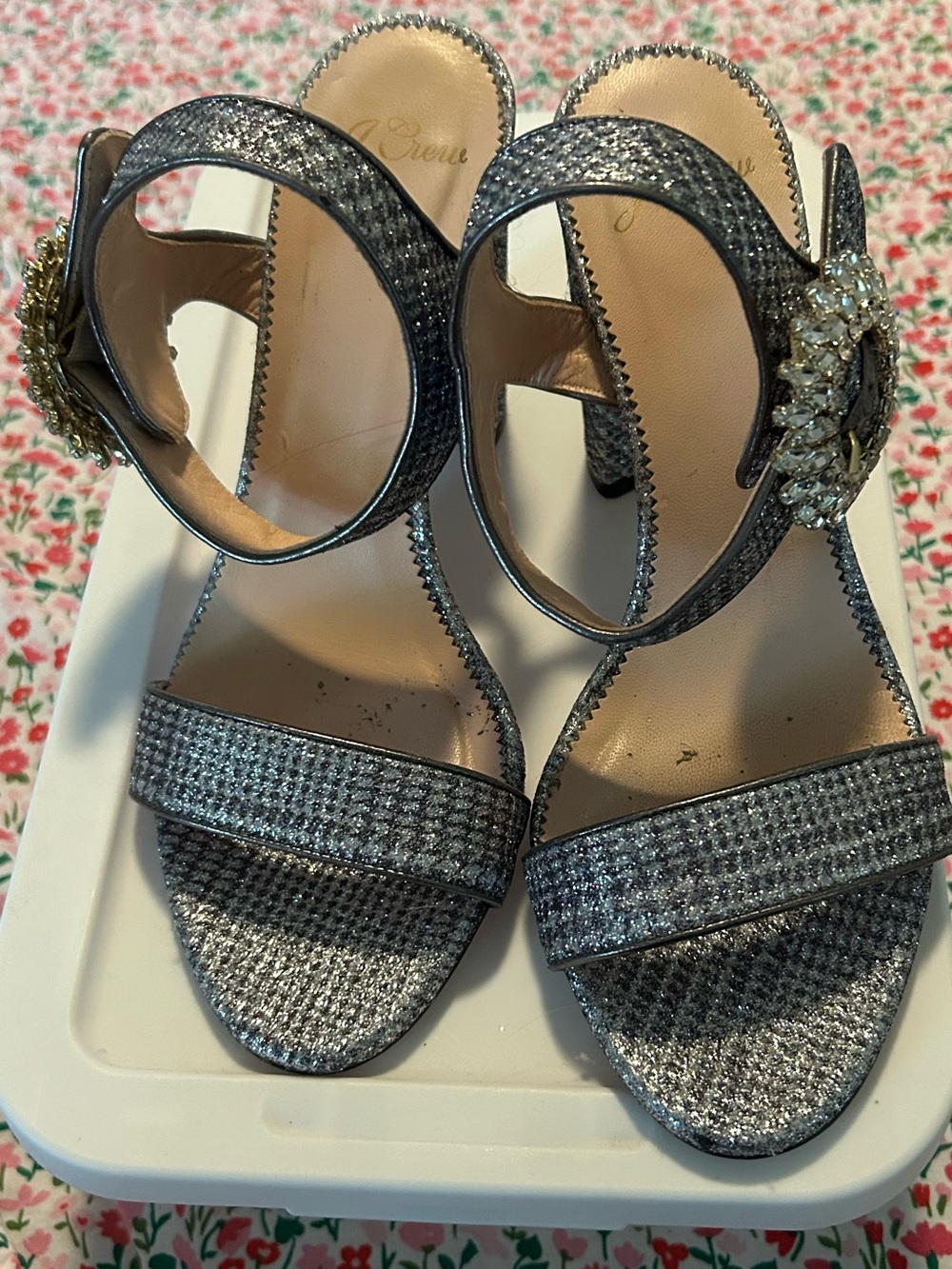 J. Crew Silver Sparkle Rhinestone Ankle-Strap Heels